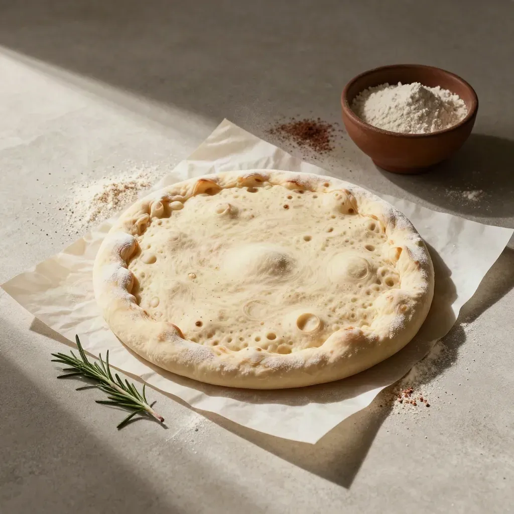 Masa de pizza madre redonda sobre papel de horno con sémola y romero.