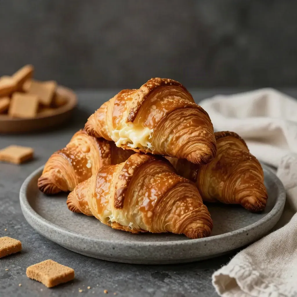 Tres croissants de mantequilla apilados sobre plato de piedra, con migas y servilleta de lino.