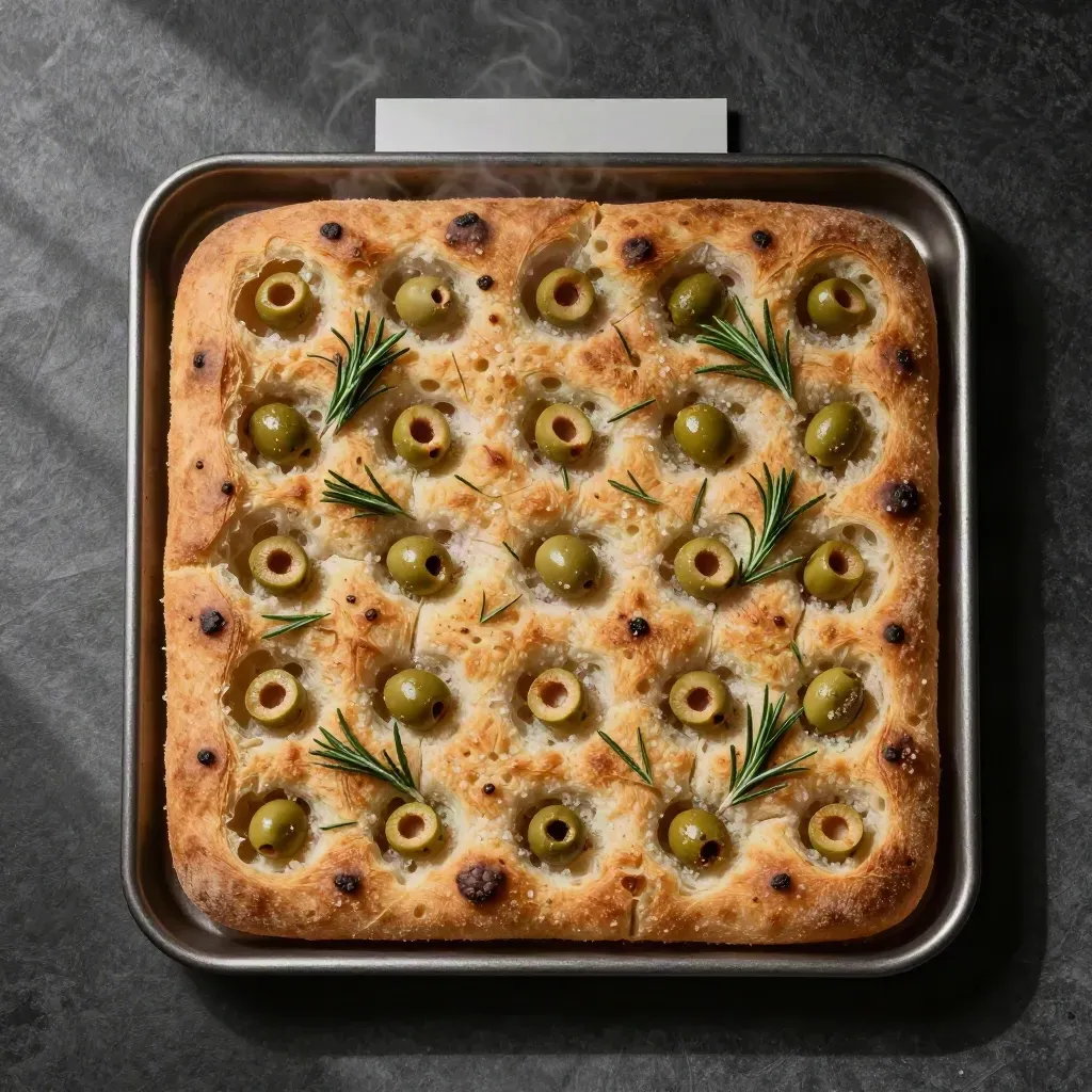 Focaccia de aceitunas y romero recién cortada en bandeja oscura, vista cenital.