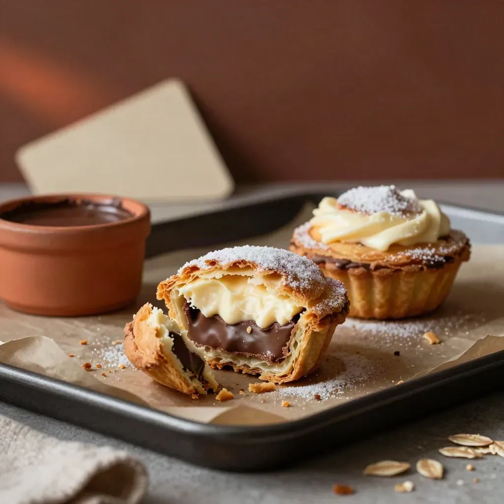 Mini napolitanas hojaldradas con crema y chocolate, una rota, sobre bandeja oscura con migas.
