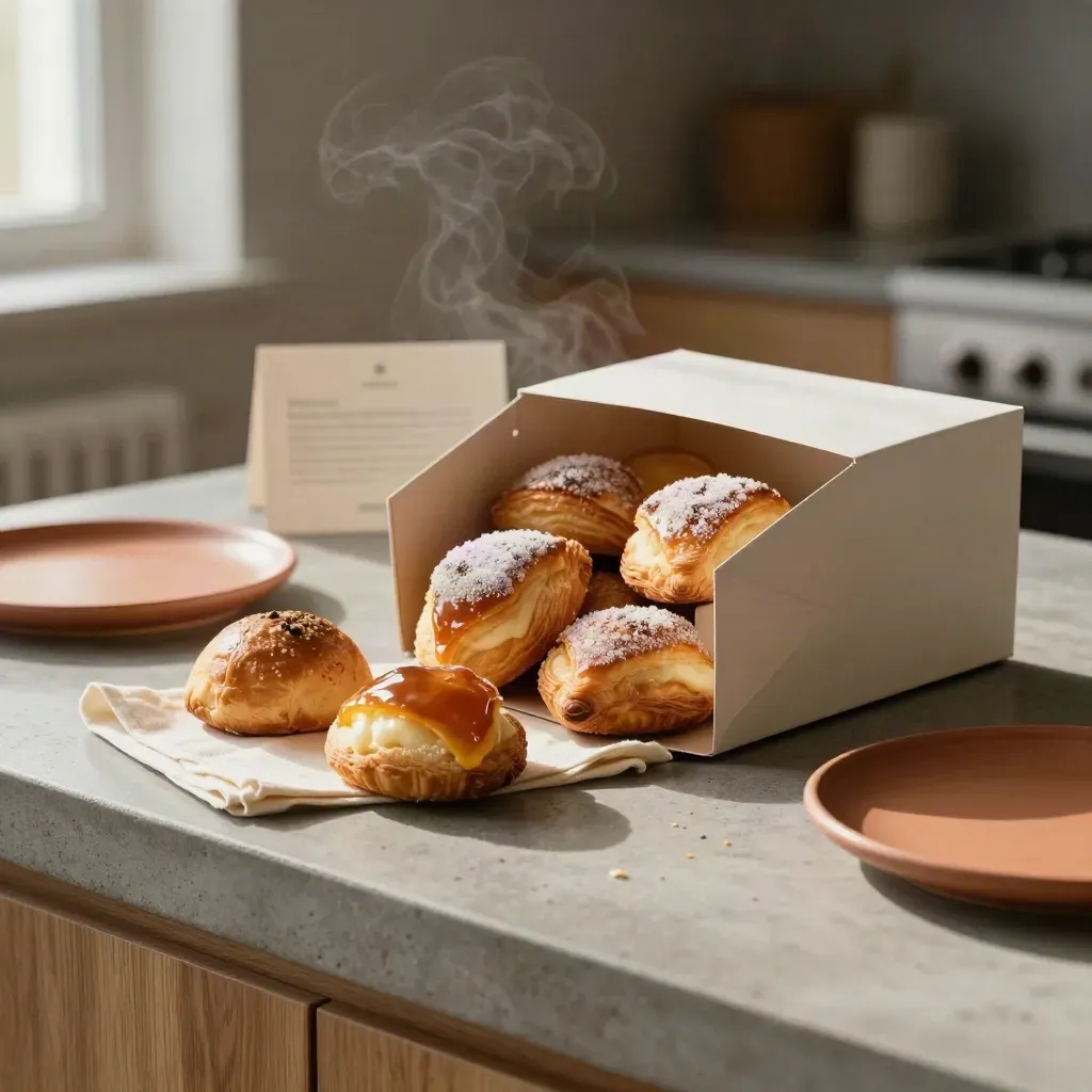 Caja de desayuno dulce abierta con bollería, napolitanas, brioche y servilleta sobre encimera.